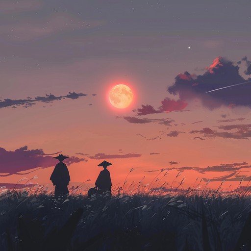 Capture the essence of a tender sunset in an anime scene with heartwarming melodies and gentle instrumentation that evoke feelings of nostalgia and comfort, perfect for moments of reflection and connection between characters.