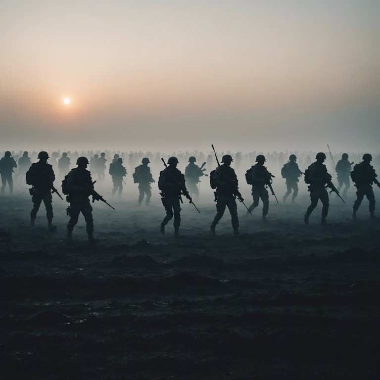 The track features a powerful martial atmosphere, driven by a relentless military drum, evoking scenes of dawn patrols and prepared battalions marching through a mist covered battlefield. The rhythm is steady yet urgent, painting a picture of disciplined soldiers advancing under the command of their leaders, embodying the essence of tactical precision and ghostly anticipation