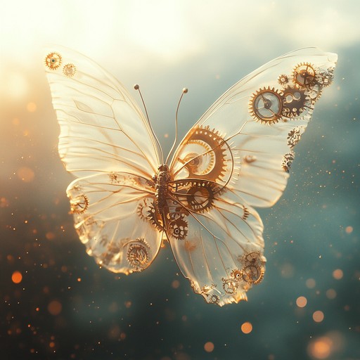 An ethereal composition where soft, tender melodies blend with quirky ticking of clockwork mechanisms and delicate fluttering sounds reminiscent of butterfly wings, creating a surreal and emotive soundscape.