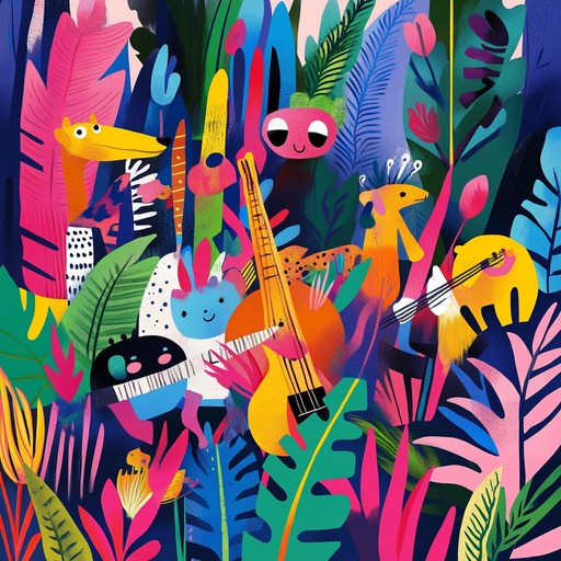 An enchanting instrumental journey through a playful jungle filled with exotic animal sounds, whimsical melodies, and rhythmic percussion, perfect for sparking children's imagination and sense of adventure.