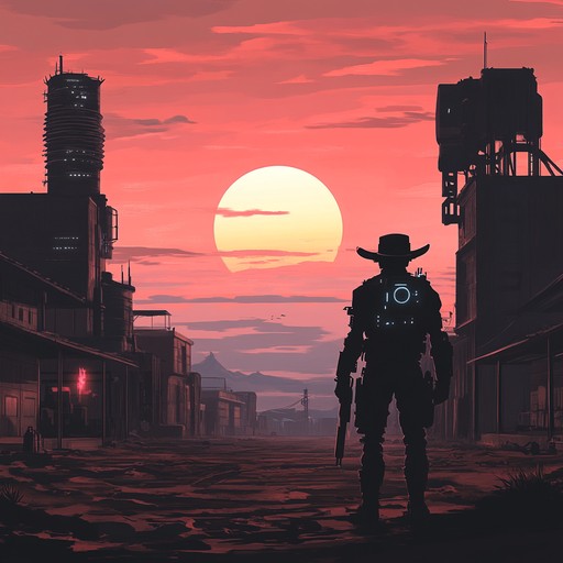 An electrifying fusion of futuristic synths and western motifs, depicting a tense standoff in a cybernetic frontier town.