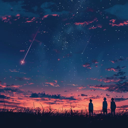 A vibrant, uplifting anime inspired instrumental capturing the essence of a magical summer evening. The song begins with gentle, whimsical synth melodies, gradually building up with lively beats and layers of electronic harmonies. It evokes the feeling of witnessing a beautiful sunset, transitioning into a starry, enchanting night. Perfect for setting a cheerful, dreamy mood.