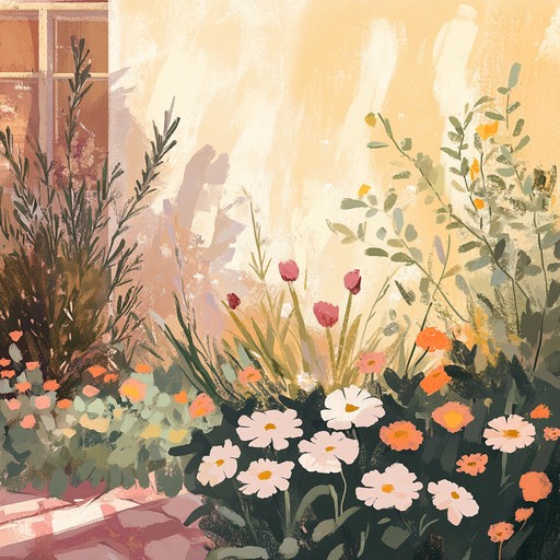 Imagine a tranquil sunlit garden where delicate strings and piano play a nostalgic, calming waltz. The music gently sways, reminiscent of blooming flowers and timeless beauty, perfect for peaceful relaxation.