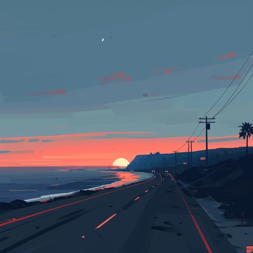 Imagine a sunset drive along a coastal highway with smooth, progressive rhythms and a serene ambiance that encapsulates the calmness and beauty of a summer evening. Delicate melodies blend with evolving patterns, offering a perfect, chill backdrop for relaxation or introspection.