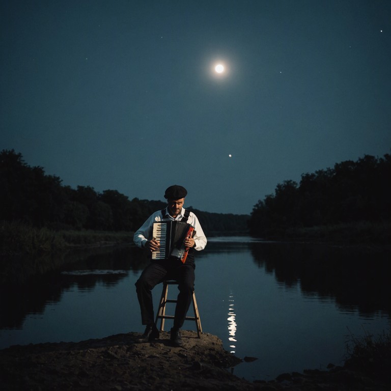 Imagine a scene set on the ancient cobblestone banks of a quiet village, where couples slowly dance under the starlight to the sounds of a lone accordion. This alternative description captures the spirit of an eternal moment frozen in time, focusing more on the setting's historical elements and the simplistic beauty of age old traditions.