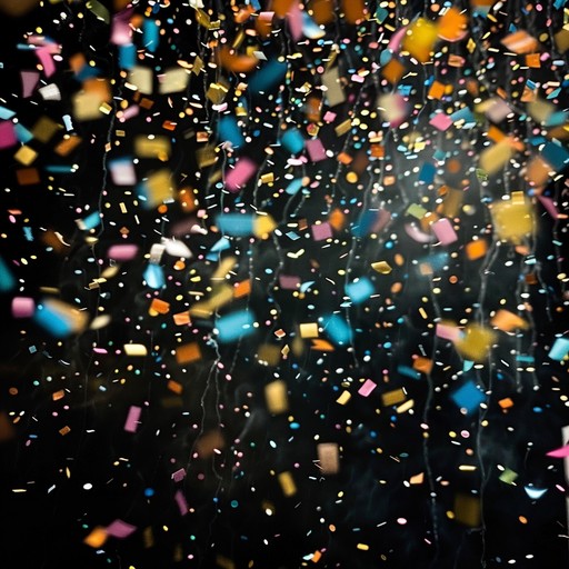 A lively and upbeat instrumental track featuring the sound of confetti cannons firing off in rapid succession, creating a rain of colorful paper bits that flutter and swirl through the air. The music evokes the feeling of celebration, joy, and excitement that comes with a confetti shower at a momentous occasion like a wedding, graduation, or big win.