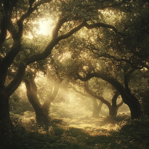 The composition blends uplifting melodies expressed through traditional string instruments, intertwining them with deep rooted, ancient sounds to reflect the dual nature of a mystical forest. It narrates a story of enduring hope amidst timeless obscurities.
