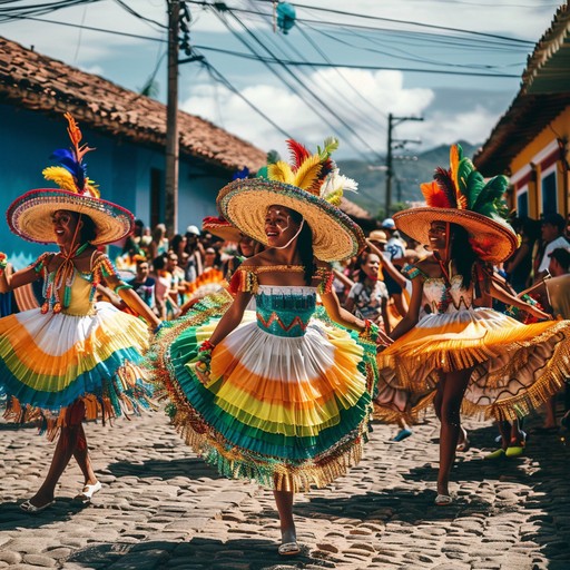 An instrumental composition that captures the essence of a joyous latin street festival, with spirited trumpets, vibrant percussion, and an infectious rhythm that makes the listener want to join the festivities.