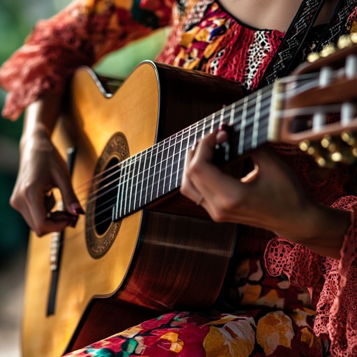 A fiery display of latin passion through the enchanting strumming and delicate fingerpicking of the guitar, evoking romantic and lively dance floors. The spirited melody sways to the rhythms of flamenco and latin jazz, capturing the essence of love and fervor.