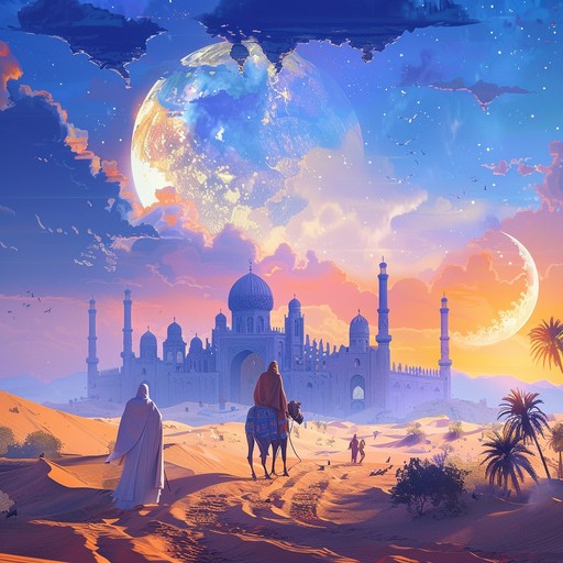 This captivating instrumental piece transports the listener to the enchanting world of arabian nights. The mesmerizing melodies, played on traditional middle eastern instruments like the oud, qanun, and ney flute, weave a tapestry of exotic sounds. The rhythmic pulse of the darbuka and riq create an hypnotic backdrop, evoking images of desert caravans and bustling bazaars. The haunting and serpentine lines of the oud and qanun intertwine, creating an atmosphere of mystery and allure. The piece builds to a climax with an energetic and dizzying dance section, featuring intricate ornamentations and improvisations.