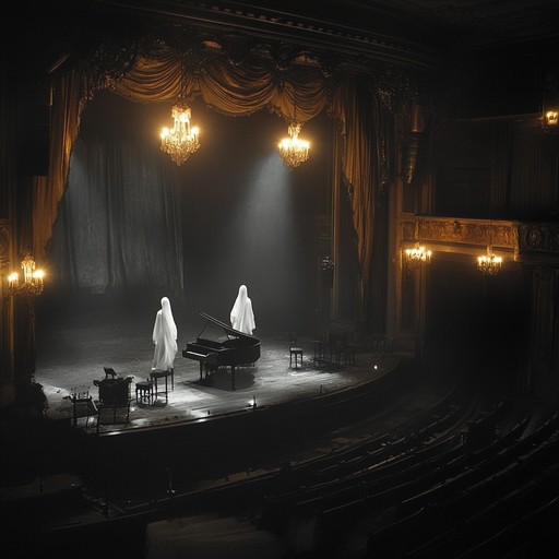 An instrumental piece that combines eerie, haunting melodies with the dark, theatrical flair of cabaret, featuring a melancholic piano leading the tune in a ghostly waltz through shadowy stages and forgotten theaters