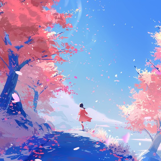 This track captures the whimsical adventure of a character frolicking through blooming sakura woods. It features playful melodies that suggest a heartwarming, youthful journey amide the softly falling cherry blossoms, blending traditional japanese instrument tones with a cheerful, modern twist.