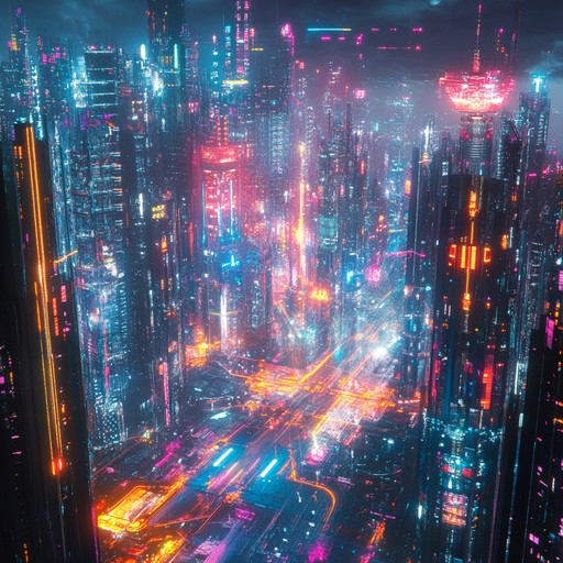 Dive into a synthetic, dynamic symphony where shimmering tones and rapid rhythms create a vivid sonic representation of a bustling, holographic city