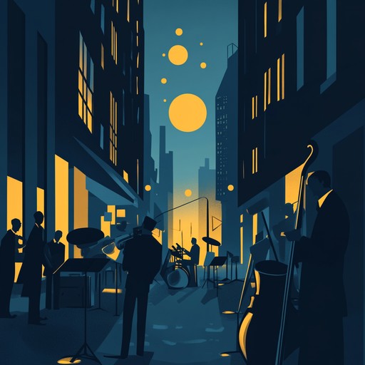 Imagine a lively street scene in new orleans with musicians gathered, playing vibrant and spontaneous dixieland jazz. Trumpets blare as dancers twirl umbrellas, all bathed under the warm glow of street lamps as the sun sets. The music is alive, carried on the breeze that whispers tales of the deep south's rich musical heritage.