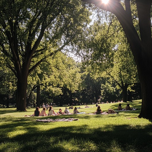 Imagine a serene picnic scene under sprawling elm trees, the music captures the essence of a soft breeze, rustling leaves, and distant laughter, in a tranquil park setting.