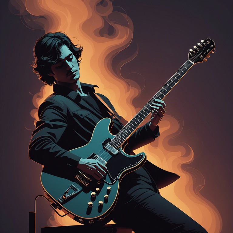 An electric guitar weaves through powerful and dynamic sounds, illustrating late city nights filled with vibrant energies, moving from melancholic soft tones to high energy bursts, showcasing the emotional spectrum and depth of blues.