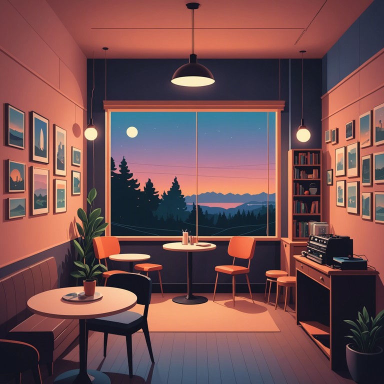 Embrace a soundscape that transports you to a dreamy sunset viewed from a retro cafe, where the slow pulsing beats of vintage synthesizers fill the air with peace and nostalgia.