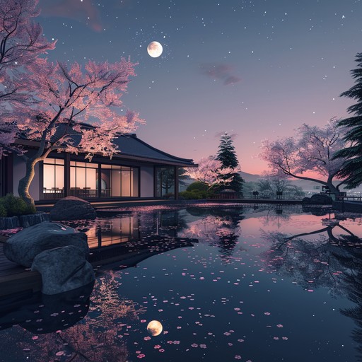 A dreamy landscape of sakura blossoms under the starlit night sky, encapsulated with delicate j pop melodies and ethereal synth accents. The track delivers a tranquil yet whimsical vibe reminiscent of a serene dream. Subtle and sparse electronic backgrounds fill the audible space, creating a floating sensation that envelops the listener in blissful harmony.