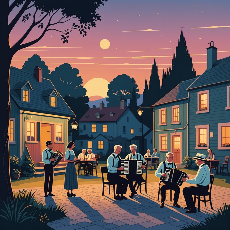 Imagine a soothing accordion expression tenderly playing amidst serene surroundings, enveloping the setting sun's warmth over quaint village festivities, celebrating tradition and peace.