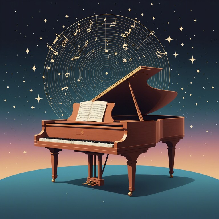 Immerse in an auditory journey where the grandeur of baroque melds seamlessly with the infinite allure of the cosmos, portrayed vividly through the playing of a harpsichord in a grand hall under the starlight.