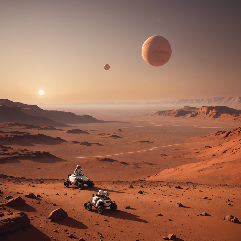 A soundscape designed to transport the listener to the serene environment of mars during a tranquil sunset, fused with calming chillwave music elements.