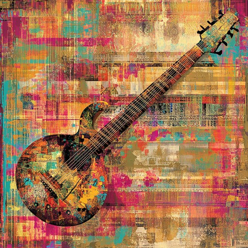 An instrumental track blending energetic funk grooves with traditional hindustani classical melodies, featuring sitar and rhythmic bass lines.
