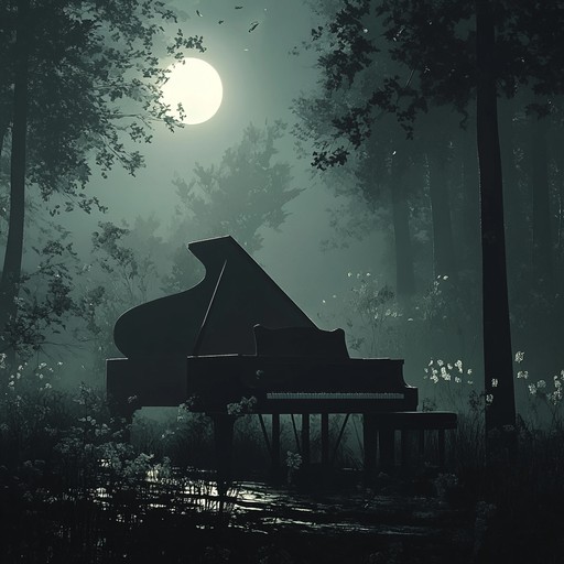 A delicate and haunting melody, gently played on a piano, sets the stage for a walk through a mystical, dark forest at midnight. The notes are soft, yet they carry a subtle hint of unease, evoking the feeling of being watched by unseen eyes. The ambient background features the distant sounds of rustling leaves and an occasional hoot from an owl, creating an eerie atmosphere. This composition blends elements of ambient and dark piano music to create a unique, captivating experience.