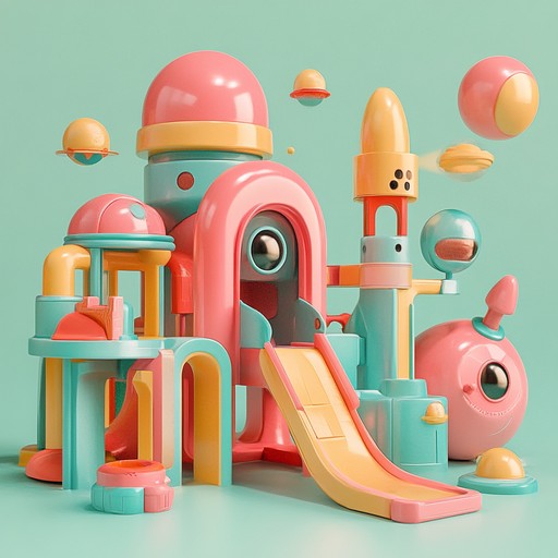 A playful blend of toy instruments and electronic elements, crafting an otherworldly experience. Imagine the sounds of a child's toybox mixed with futuristic synthesizers, creating a whimsical and enchanted soundscape. This piece transports listeners to a surreal environment, where playful alien creatures might dance around in a space playground.