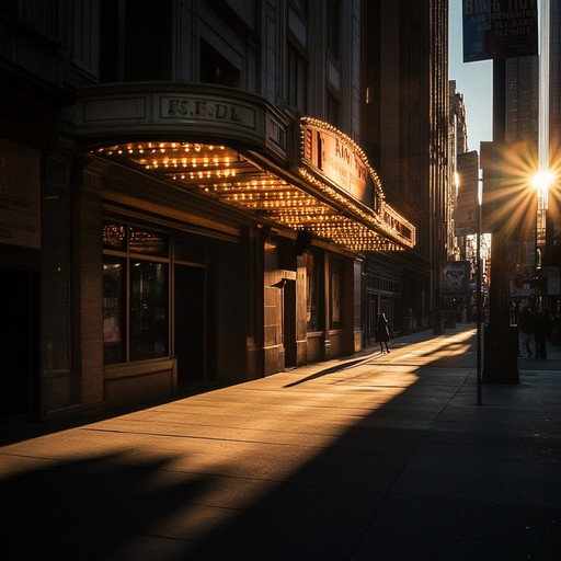 A serene piano piece inspired by broadway theatre at dusk, evoking a sense of peace, reflecting the tranquil moments before the curtains rise, with delicate melodies and expressive dynamics