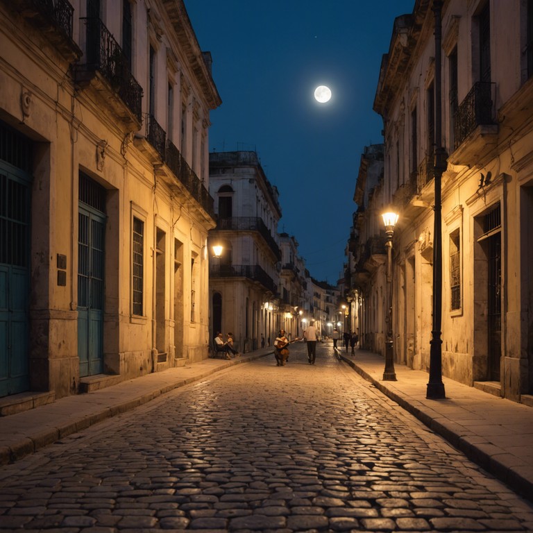 A musical piece that tells the story of lovers meeting secretly, their movements a dance of shadows under the soft glow of the moon in havana. The guitar's melody intertwines their emotions, revealing unspoken desires and dreams.