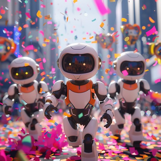 This lively track is set to a backdrop of synth driven robot sounds, mimicking a droid filled celebration parade. Infectiously upbeat and delightfully quirky, it evokes a playful, fun atmosphere.