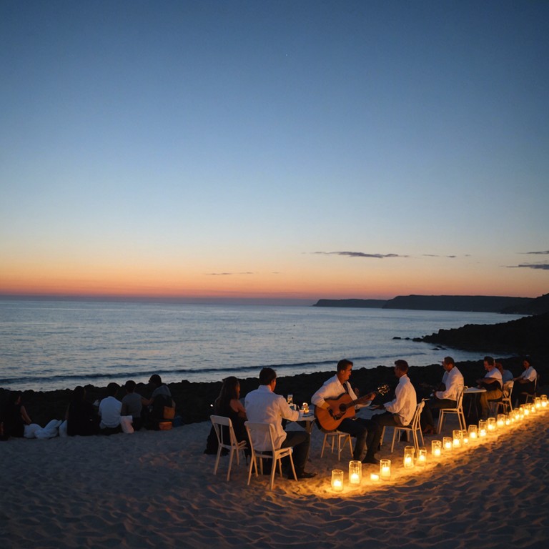 As the ocean's breeze sets the tempo and the sun dips below the horizon, each strum on the classical guitar brings a wave of relaxation and joy, mirroring the interactions of twilight revelers enjoying the serenity and excitement of an authentic brazilian festa on the beach.