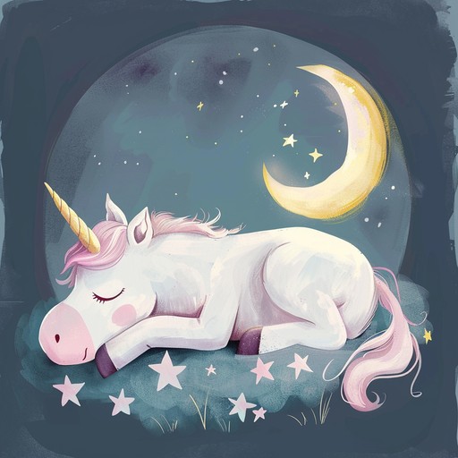 This soft and calming instrumental lullaby features delicate, twinkling melodies that evoke a sense of magic and wonder. The gentle rhythm and warm harmonies create a peaceful atmosphere, perfect for lulling a baby unicorn to sleep. The song begins with a tender, plucked acoustic guitar melody, accompanied by the soothing tones of a music box. As the lullaby progresses, a gentle flute and a soft, muted trumpet join in, adding layers of comforting sound. The arrangement is simple yet enchanting, with each instrument weaving together to create a cozy, dreamy soundscape. As the song nears its end, the melodies become even softer and more sparse, gradually fading away like the last rays of daylight, ensuring a peaceful transition into the realm of dreams for the little unicorn.