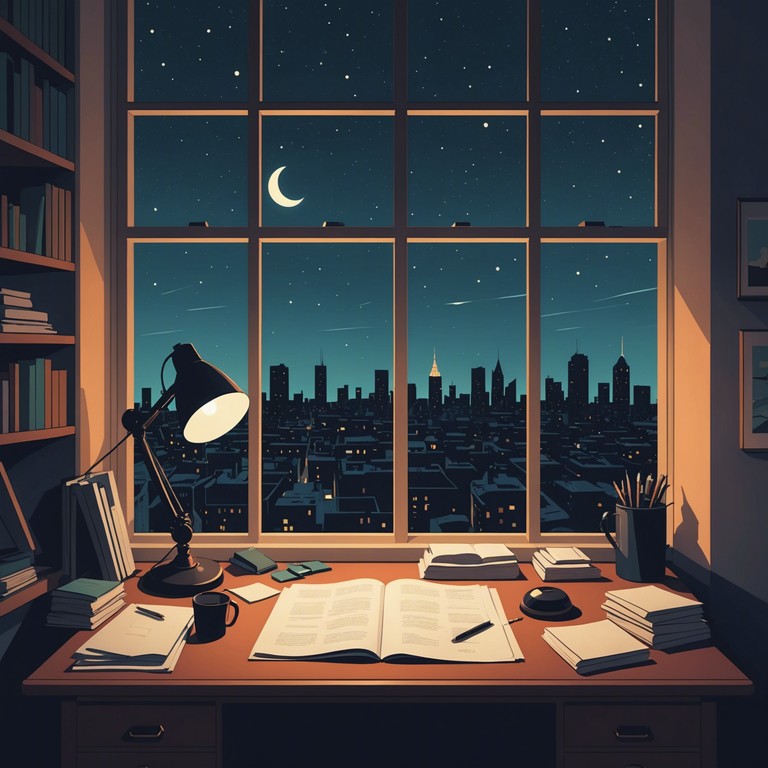 Imagine sitting alone in a dimly lit room, with only the mellow hue of a desk lamp casting shadows around. The track captures the essence of introspective thoughts paired with the gentle hum of a city at night. An electric piano plays a soft, repetitive melody, complemented by subtle vinyl scratches and a slow, steady beat that mimic the quiet pace of night time rumination.