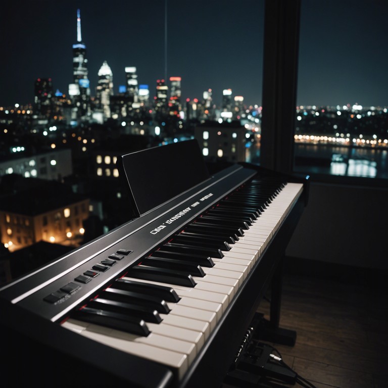 A more focused narrative that guides the listener through various sounds of the city at night, from the whispering winds between buildings to the soft echoes of distant nightlife, all woven together by the gentle melodies of an electric piano.