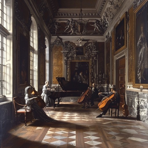 A graceful harpsichord, with soulful strings, crafts an evocative baroque melody, embodying warmth and nostalgic grace, bringing to mind refined, elegant gatherings.