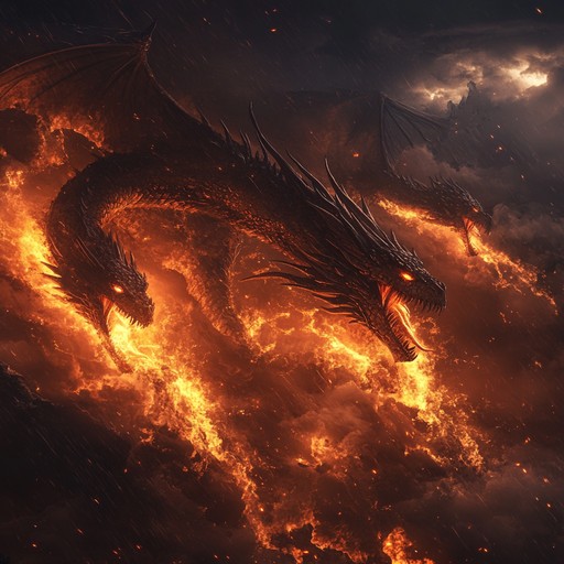 A powerful instrumental epic heavy metal composition that depicts the fiery breath and majestic presence of dragons, combining soaring guitar riffs, epic percussion, and symphonic elements to evoke a sense of awe and excitement