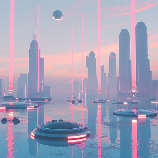 Transport to a calm neon lit future world with gentle, futuristic melodies, fusing electronic textures and atmospheric soundscapes. Evoking a sense of tranquility amidst a bustling, high tech environment.