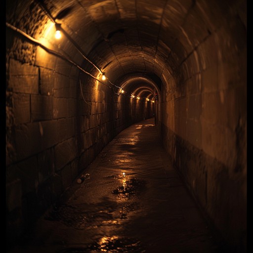 Create an unsettling soundtrack with eerie melodies, echoing walls, and distorted sounds, evoking the creepy and sinister atmosphere of dark, abandoned underground passages, perfect for horror games or films