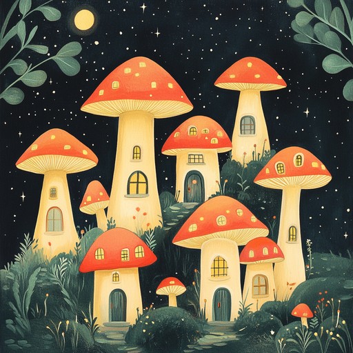 A whimsical instrumental piece that evokes images of mushrooms dancing in a moonlit forest, where magical creatures gather for a merry parade. The melody blends ethereal tones with earthy folk instruments, creating a dreamlike atmosphere that transports the listener to a fantastical realm.