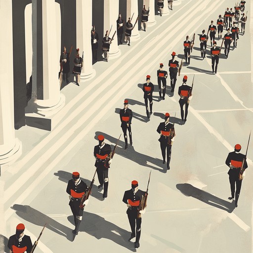 An inspiring and dramatic piece featuring bold brass and intense percussion, capturing the grandeur and discipline of a military march. Each section marches with precision, conveying a sense of pride and unity. Evoking images of parades, valor, and victory, this composition brings forth a majestic atmosphere that stirs the soul