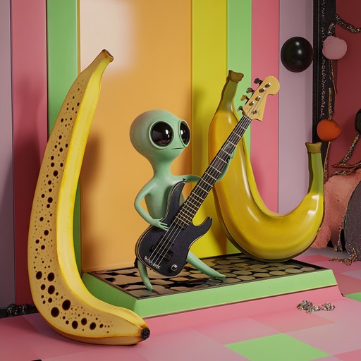 An energetic instrumental funk track featuring groovy basslines, space inspired synthesizers, and quirky sound effects that evoke a playful banana theme, creating a fun and whimsical atmosphere.