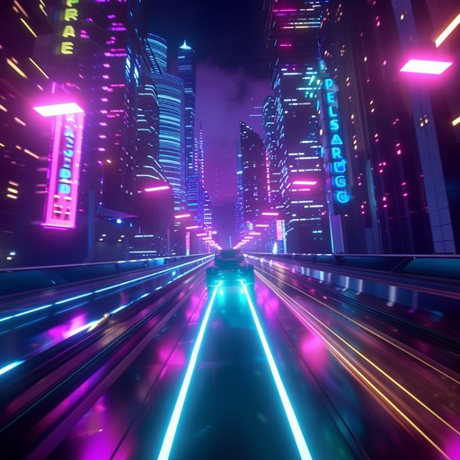 Envision an electrifying chase through luminous night streets, where the shimmering synthwave beats drive the relentless energy and vibrant hues of a futuristic urban jungle, merging nostalgia with cutting edge excitement.