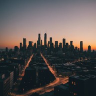 city lights mingle with twilight horizon.