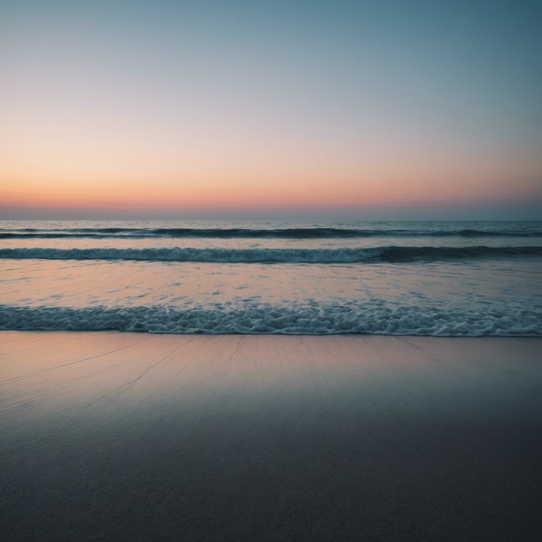 The track calm waves at dusk features a deeply peaceful soundscape where the subdued sounds of the ocean waves gently merge with soft, ethereal music, creating an atmosphere perfect for relaxation and introspective moments. This minimalist composition focuses on creating a serene environment through sparing use of musical elements which emphasize the quietude and the profound ambiance of dusk by the sea.