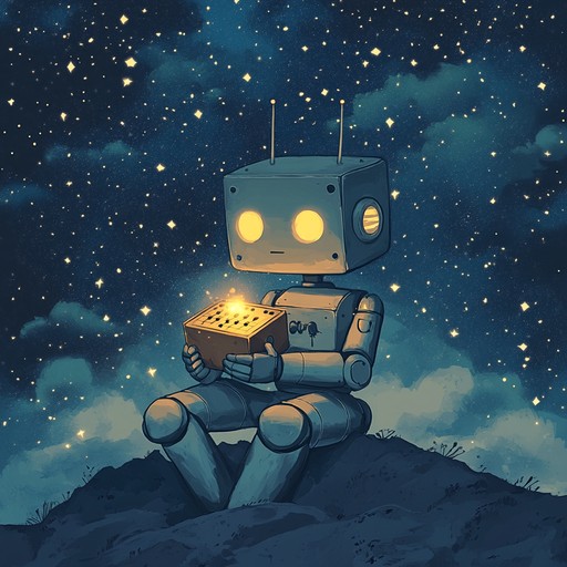 A tender instrumental piece blending electronic and acoustic sounds, portraying a robot's gentle lullaby to soothe humans at night.