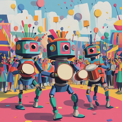 An energetic instrumental blending lively carnival percussion with futuristic robotic synths, creating an ecstatic and novel fusion that incites joy and excitement