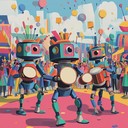 upbeat techno track mixing carnival rhythms with robotic sounds