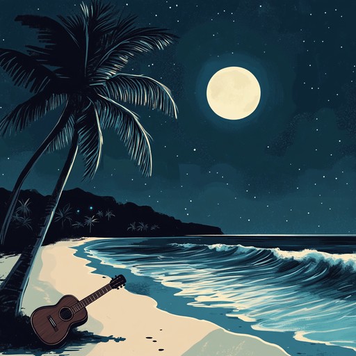 An instrumental bossa nova piece weaving hypnotic guitar melodies with soft percussion, evoking a serene moonlit beach atmosphere