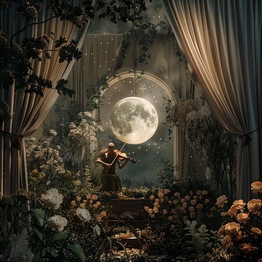 Experience a sultry and romantic orchestral composition that layers ethereal melodies and luxurious strings, creating an evocative, moonlit soundscape. Ideal for an enchanting evening, the layers of violin, cello, and harp crescendo into an emotional apex, reminiscent of classic romantic symphonies.